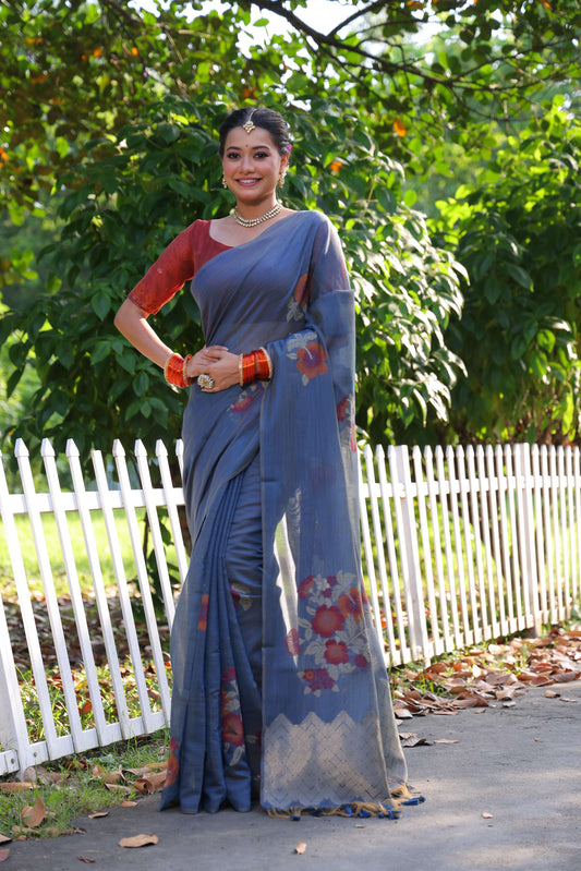 Jyoti Fashion Women's Blue Soft Muga Cotton Resham Jamdani Weaving Traditional Saree with Blouse | Swadesiicart