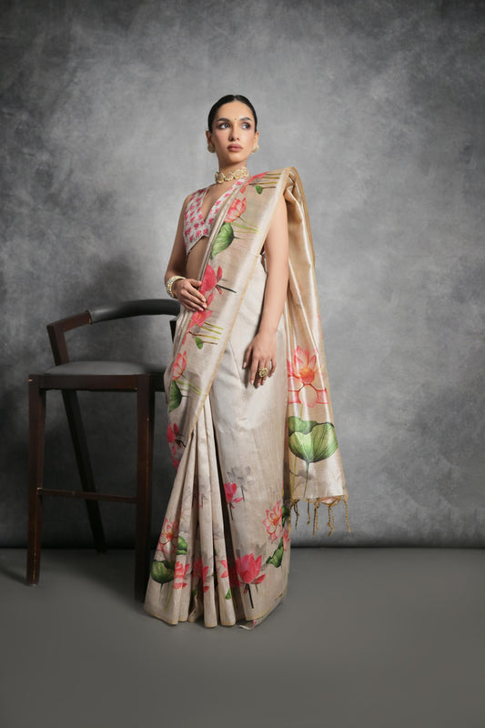 Jyoti Fashion Women's Beige Soft Tussar Silk Floral Printed Saree with Blouse