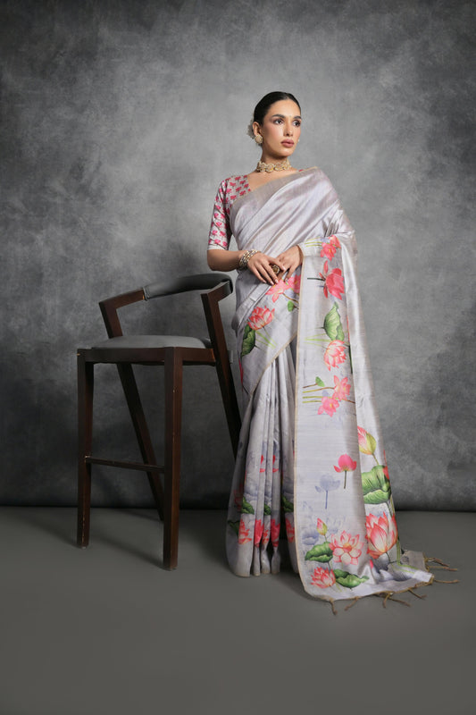 Jyoti Fashion Women's Grey Soft Tussar Silk Floral Printed Saree with Blouse
