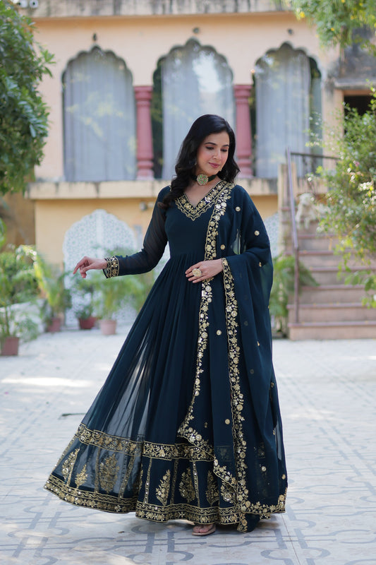 Jyoti Fashion Women's Rama Faux Georgette Zari Thread & Sequins Embroidered Anarkali Set with Dupatta