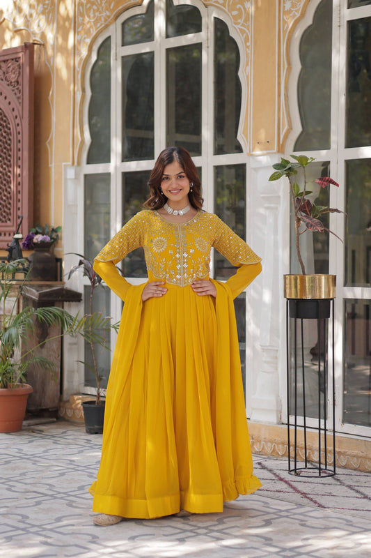 Jyoti Fashion Women's Yellow Faux Georgette Embroidered Designer Anarkali Set with Dupatta | Swadesiicart