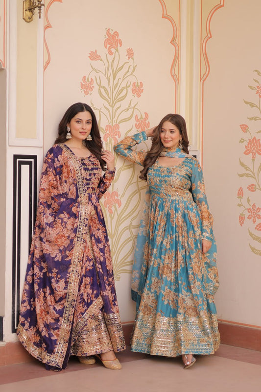 Jyoti Fashion Women's Sky Blue & Purple Russian Silk Digital Print with Sequins Embroidered Anarkali Combo Set With Dupatta | Swadesiicart