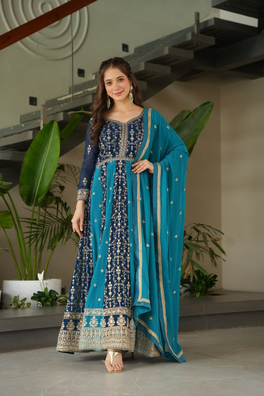 Jyoti Fashion Women's Blue Faux Blooming Zari & Sequins Embroidered Anarkali Set With Dupatta | Swadesiicart
