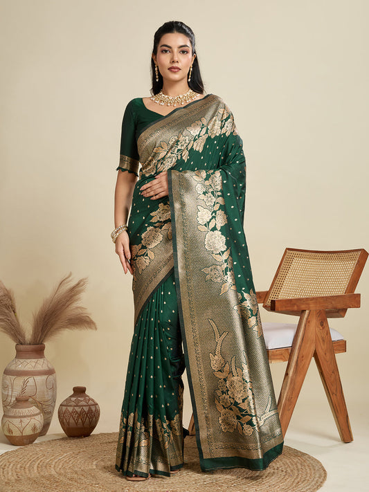 Jyoti Fashion Women's Bottle Green Soft Kanjivaram Silk Zari Woven Designer Saree with Blouse | Swadesiicart