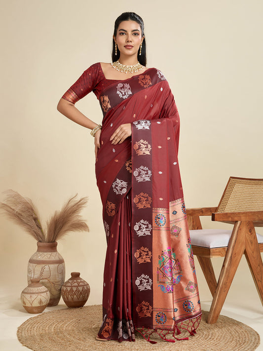 Jyoti Fashion Women's Maroon Soft Kanjivaram Paithani Silk Zari Woven Designer Saree with Blouse | Swadesiicart