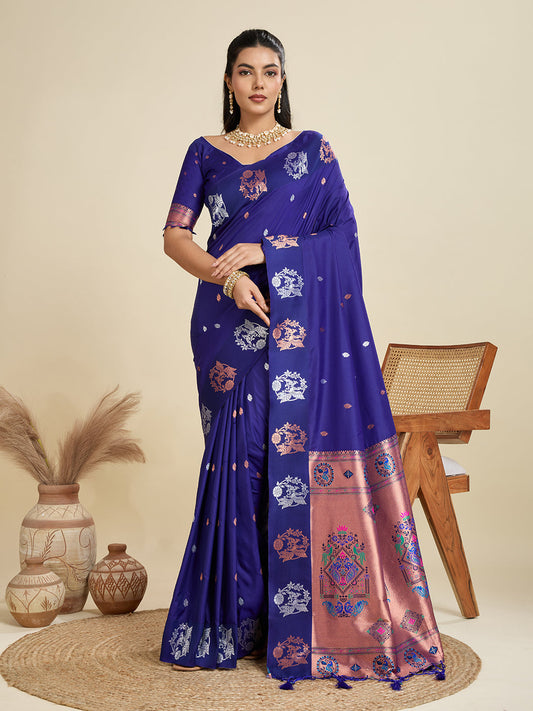 Jyoti Fashion Women's Blue Soft Kanjivaram Paithani Silk Zari Woven Designer Saree with Blouse | Swadesiicart