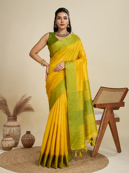 Jyoti Fashion Women's Yellow Khadi Raw Silk Temple Woven Border Designer Saree with Blouse | Swadesiicart