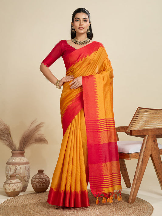 Jyoti Fashion Women's Mustard Khadi Raw Silk Temple Woven Border Designer Saree with Blouse | Swadesiicart