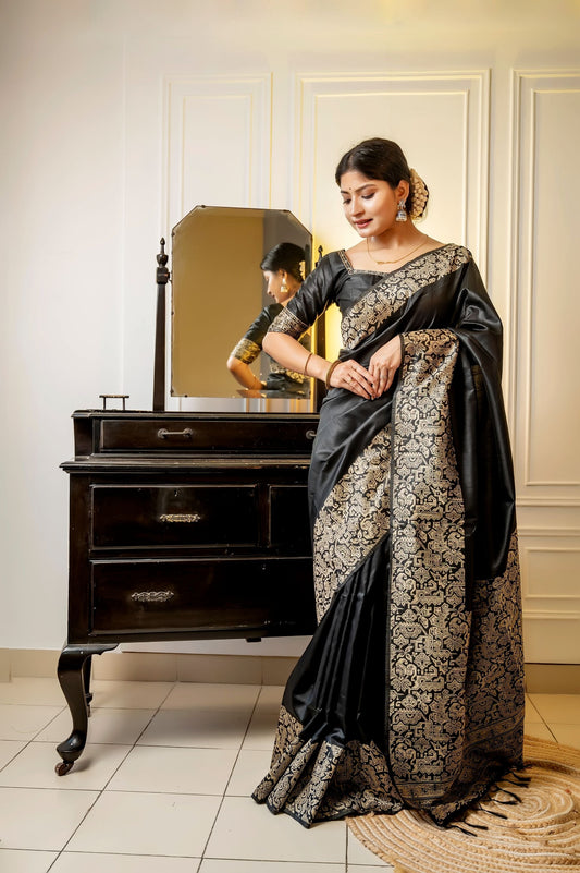 Jyoti Fashion Women's Black Handloom Raw Silk Weaving Designer Saree with Blouse | Swadesiicart
