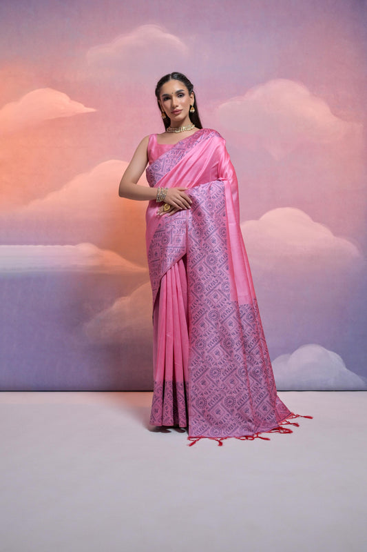 Jyoti Fashion Women's Pink Handloom Raw Silk Weaving Designer Saree with Blouse | Swadesiicart
