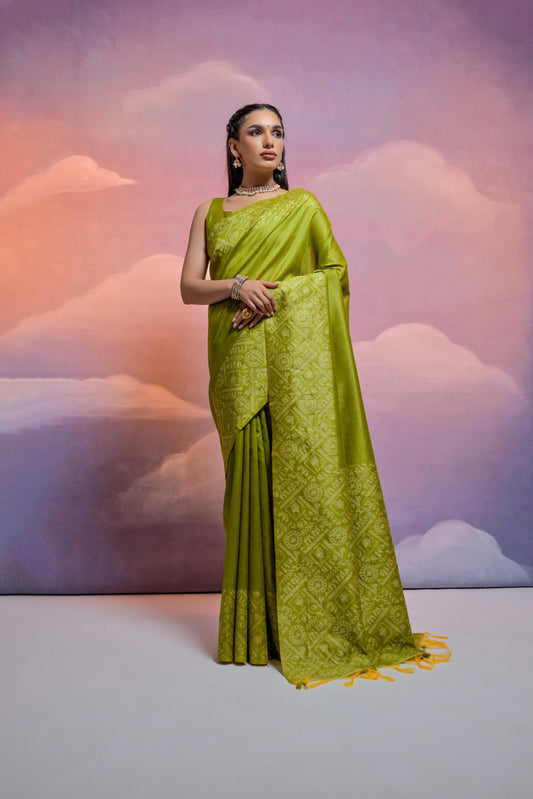 Jyoti Fashion Women's Mehendi Handloom Raw Silk Weaving Designer Saree with Blouse | Swadesiicart