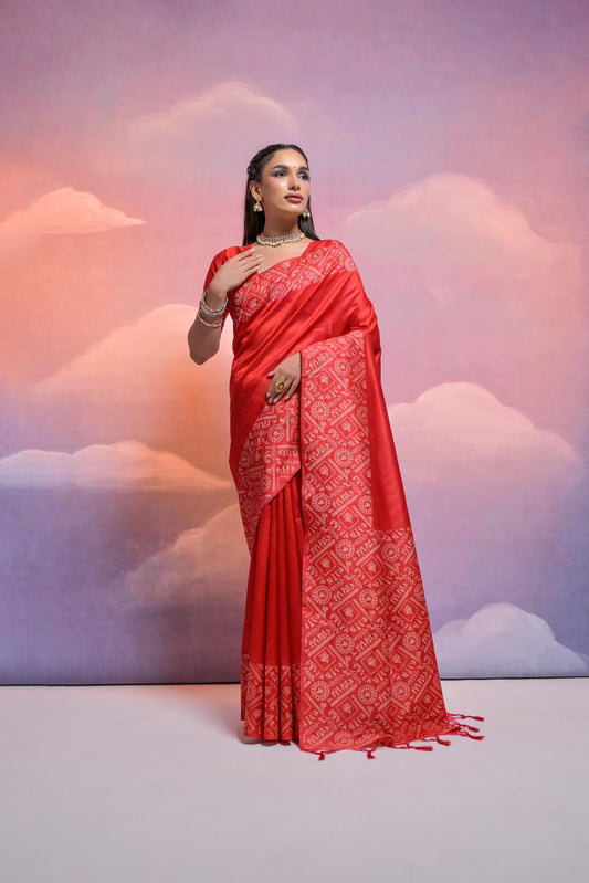 Jyoti Fashion Women's Red Handloom Raw Silk Weaving Designer Saree with Blouse | Swadesiicart