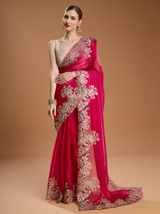Jyoti Fashion Women's Rani Pink Jimmy Choo Embroidered & Coding Designer Saree with Blouse | Swadesiicart