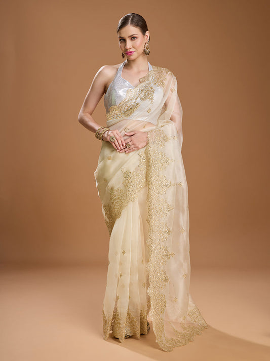 Jyoti Fashion Women's Cream Net Sequins Embroidered Designer Saree with Blouse | Swadesiicart