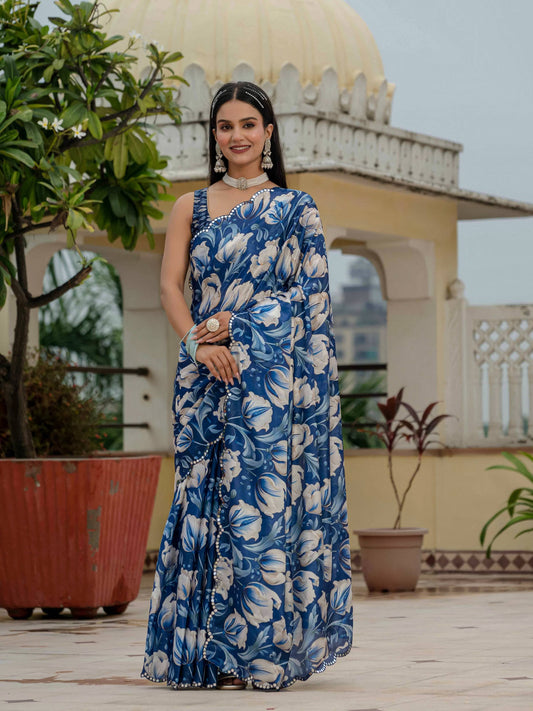 Jyoti Fashion Women's Royal Blue Chinon Digital Print with Mirror Saree with Blouse | Swadesiicart