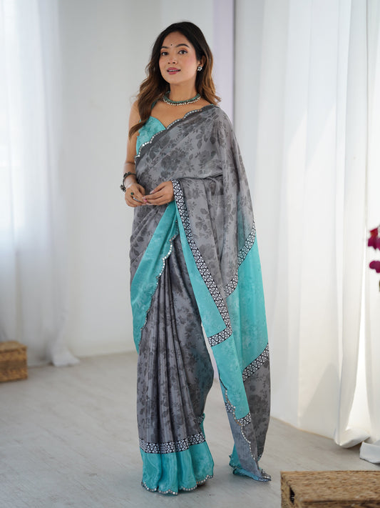 Jyoti Fashion Women's Grey Chinon Digital Printed Designer Grab2Buy with Blouse