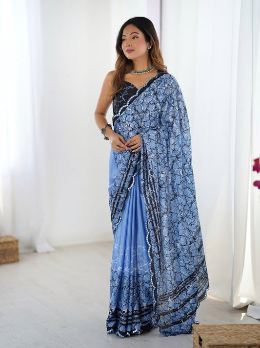 Jyoti Fashion Women's Blue Chinon Digital Printed Designer Grab2Buy with Blouse
