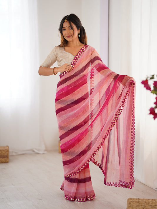 Jyoti Fashion Women's Pink Chinon Leriya Zari Printed Designer Grab2Buy with Blouse