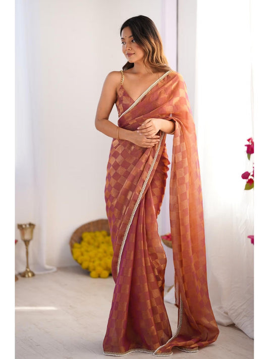 Jyoti Fashion Women's Brown Box Chiffon Moti Lace Border Designer Grab2Buy with Blouse