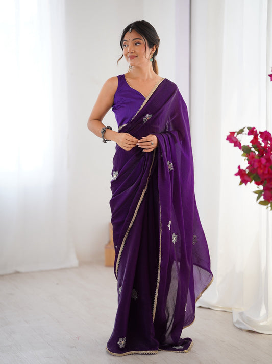 Jyoti Fashion Women's Purple Soft Fendy Embroidered Designer Grab2Buy with Blouse