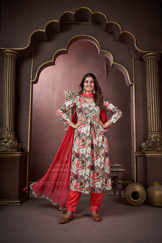 Jyoti Fashion Women's Red Rayon Floral Print with Handwork Designer Kurta Set with Dupatta | Swadesiicart