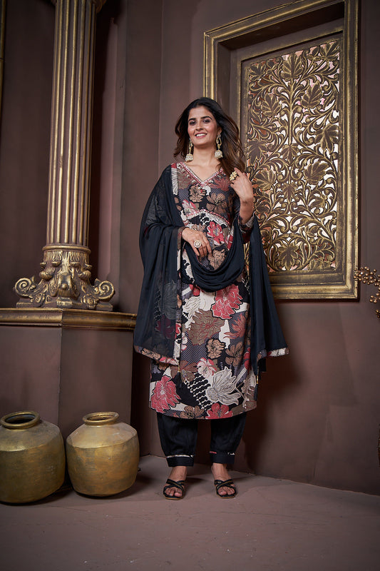 Jyoti Fashion Women's Black Rayon Floral Print with Handwork Designer Kurta Set with Dupatta | Swadesiicart