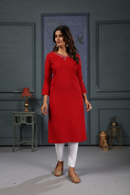 Jyoti Fashion Women's Red Cotton Handwork Designer Kurta Only
