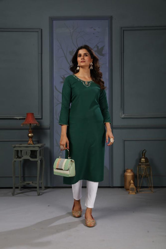 Jyoti Fashion Women's Green Cotton Handwork Designer Kurta Only