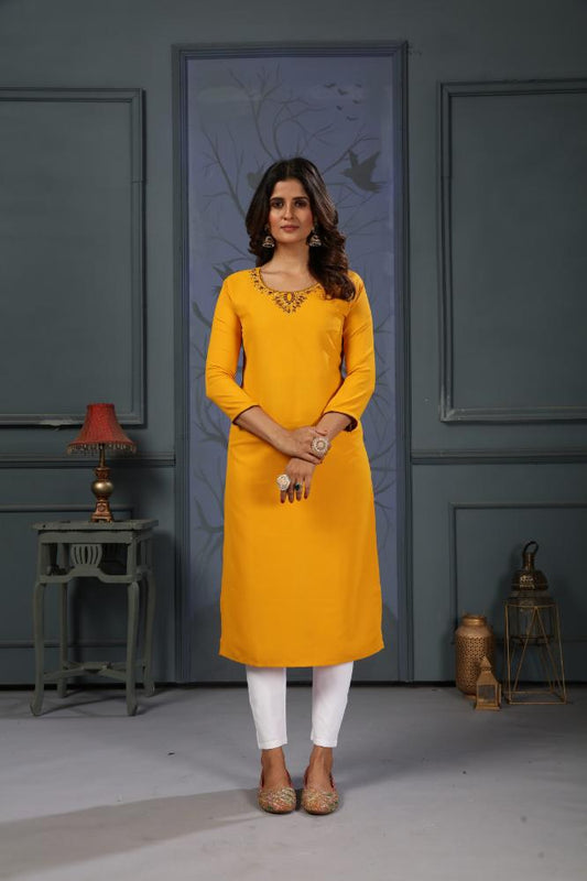 Jyoti Fashion Women's Yellow Cotton Handwork Designer Kurta Only | Grab2Buy