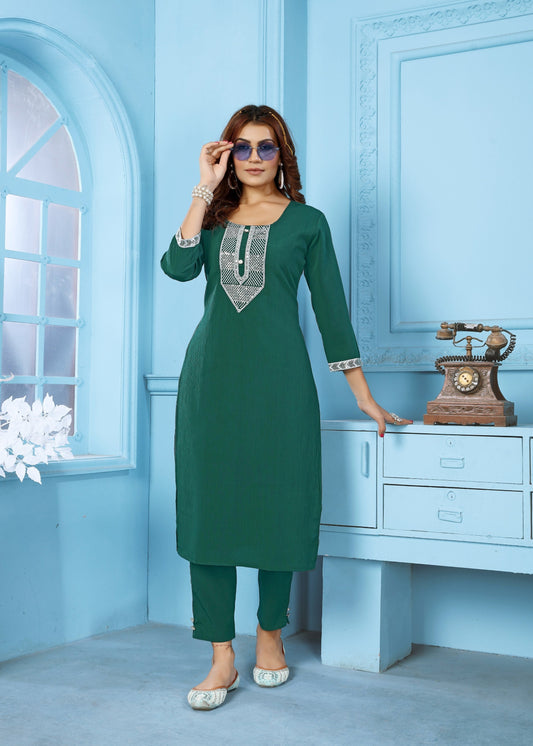 Jyoti Fashion Women's Bottle Green Rinkal Cotton Embroidered Designer Kurta with Bottom | Swadesiicart