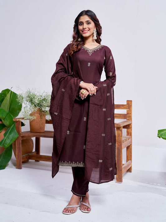 Jyoti Fashion Women's Coffee Rayon Embroidered Designer Kurta Set with Dupatta | Grab2Buy