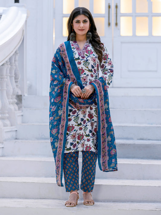 Jyoti Fashion Women's White Rayon Print with Thread Designer Kurta Set with Dupatta | Grab2Buy