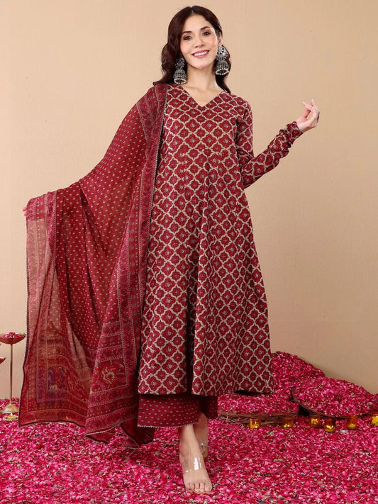 Jyoti Fashion Women's Maroon Rayon Printed Designer Kurta Set with Dupatta