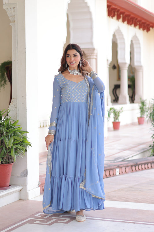 Jyoti Fashion Women's Sky Blue Faux Georgette Sequins Zari Embroidered Anarkali Set With Dupatta | Swadesiicart