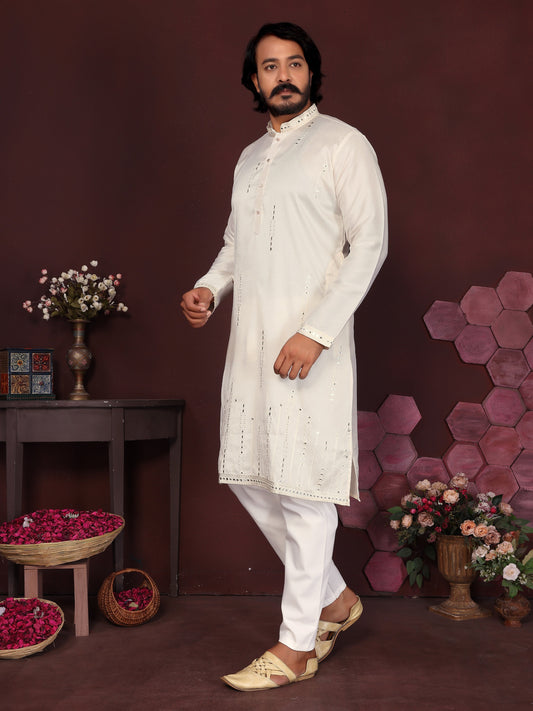 Jyoti Fashion Men's White Mirror Embroidery Kurta with Pajama | Swadesiicart