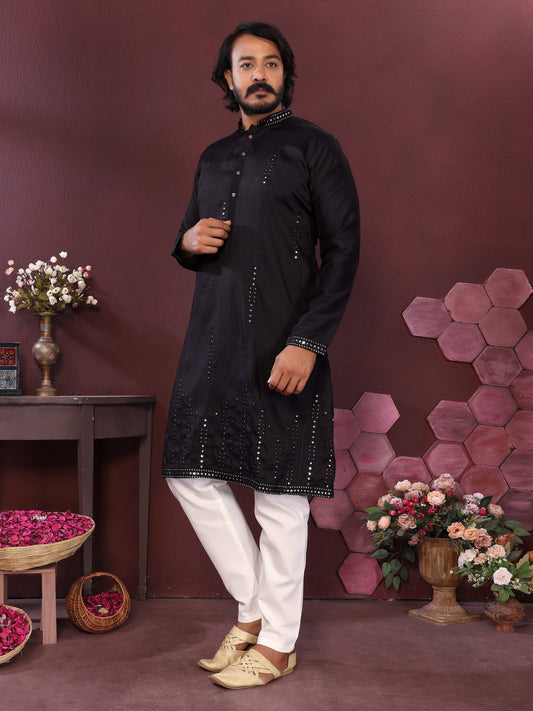 Jyoti Fashion Men's Black Mirror Embroidery Kurta with Pajama | Swadesiicart