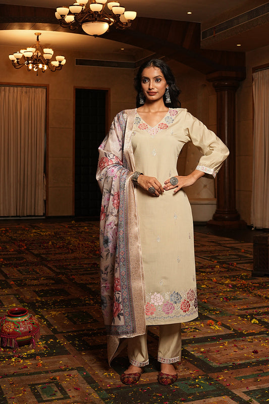 Jyoti Fashion Cream Cotton Silk Embroidered Designer Kurta Set with Dupatta