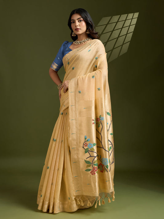 Jyoti Fashion Women's Yellow Soft Muga Cotton Paithani Zari Woven Saree with Blouse