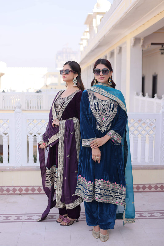 Jyoti Fashion Wine & Rama Velvet Embroidered Designer Combo Kurta Set with Batwa