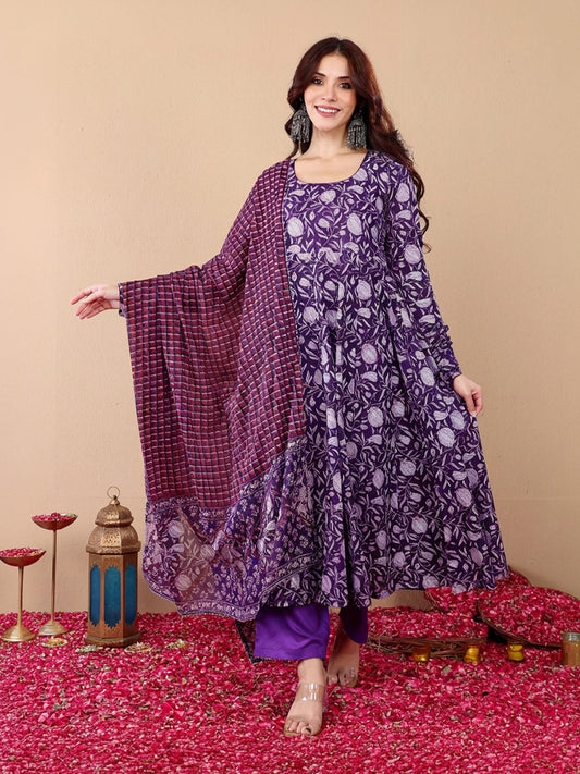 Jyoti Fashion Purple Rayon Printed Designer Kurta Set With Dupatta