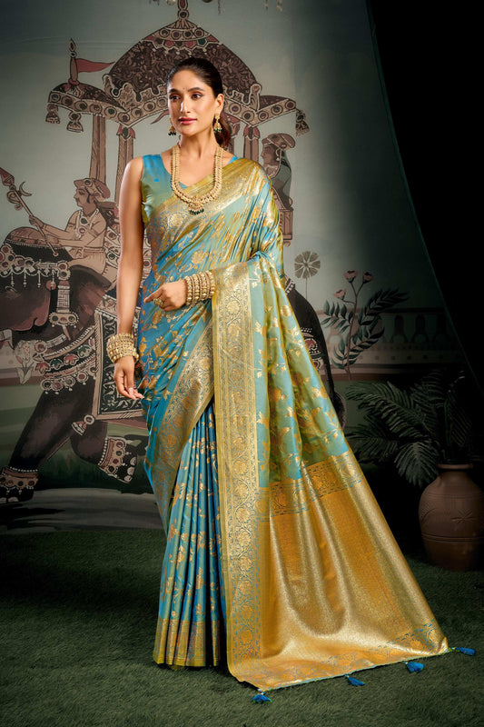 Jyoti Fashion Women's Turquoise Premium Soft Silk Zari Woven Saree with Blouse