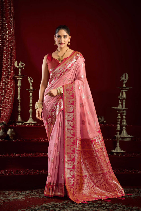 Jyoti Fashion Women's Baby Pink Modal Banarasi Zari Woven Saree with Blouse