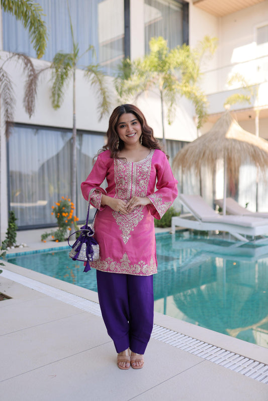 Jyoti Fashion Pink Viscose Embroidered Designer Kurta Set with Batwa