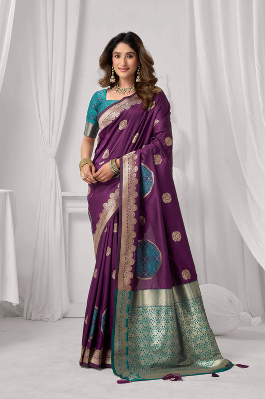 Jyoti Fashion Women's Wine Soft Silk Zari Woven Saree with Blouse