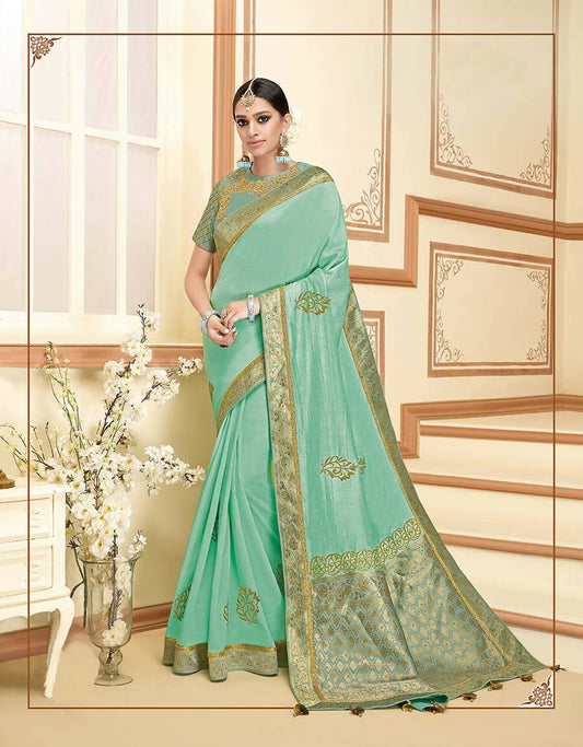Pista Green Silk Zari And Cord Embroidery, Laser Cut Buttas, Tassels Saree - Norita Alankrita