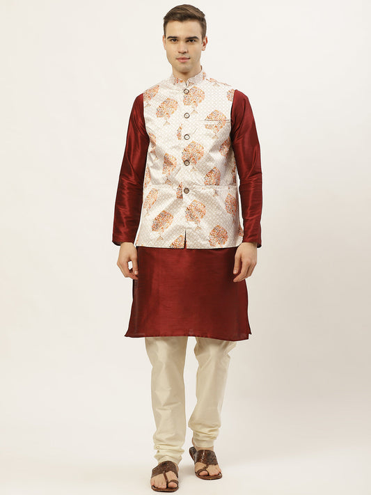 Jompers Men's Solid Dupion Kurta Pajama with Printed Nehru Jacket (White & Maroon)