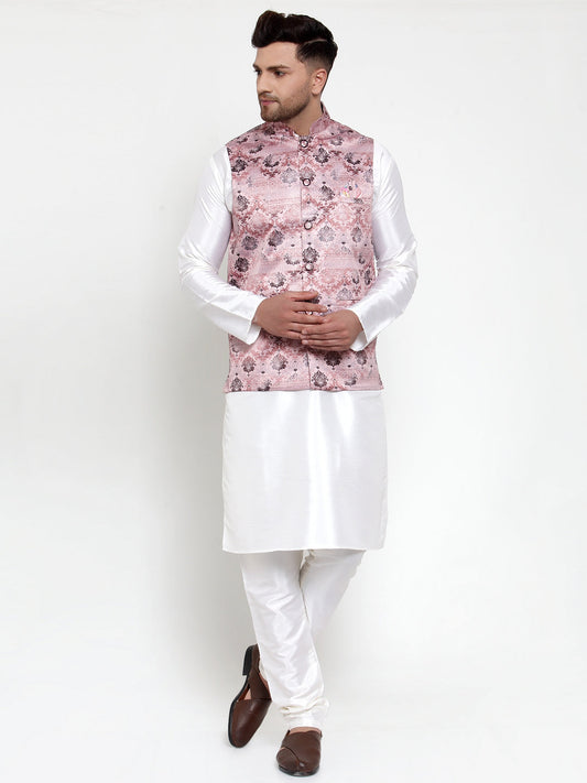 Jompers Men's Solid Dupion Kurta Pajama with Printed Nehru Pink Jacket