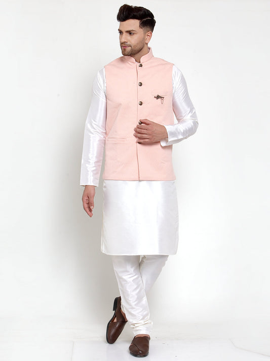 Jompers Men Solid Dupion Kurta Pajama with Woven Nehru Jacket (Peach)