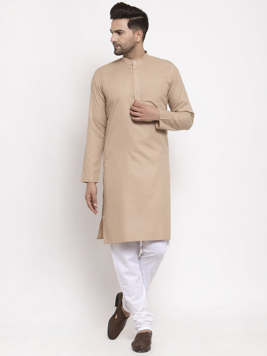 Jompers Men Light-Brown & White Solid Kurta Only
