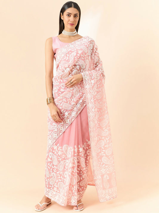 Pink Organza Paisely Embroidered Saree with Unstitched Blouse Piece - Roozal